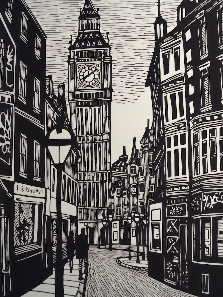 London England Linolschnitt-Illustrationsstil 3