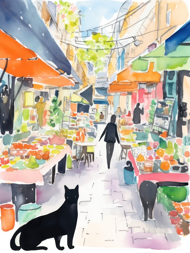 Food Market With Cats In Kyoto 4 Watercolour