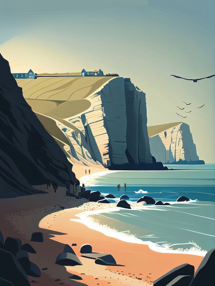 White Cliffs of Dover, England - Affiche de Voyage Rétro Thème Paysage de Plage et Côtier