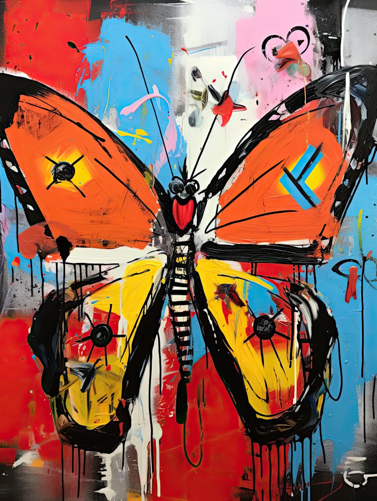 Butterfly orange, yellow in Basquiat's Style
