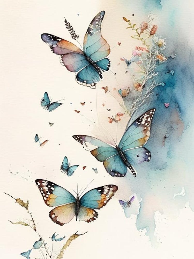 Butterflies Flying In The Sky Watercolour Ink 1