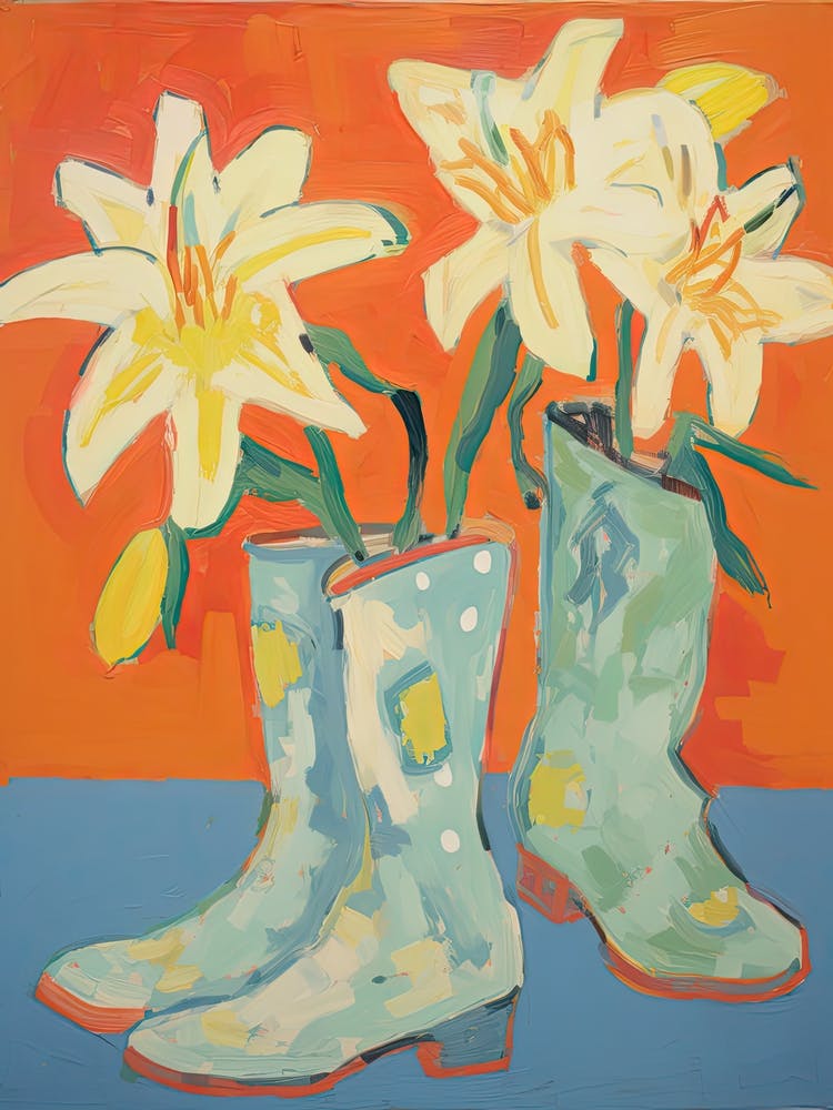 Painting Of Yellow Flowers And Cowboy Boots, Oil Style 12