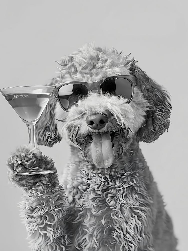 Goldendoodle Holding Cocktail Wall Art, Black And White Print, Groodle Gift, Martini Glass Print, Funny Dog Poster, Bar Cart, Kitchen Decor