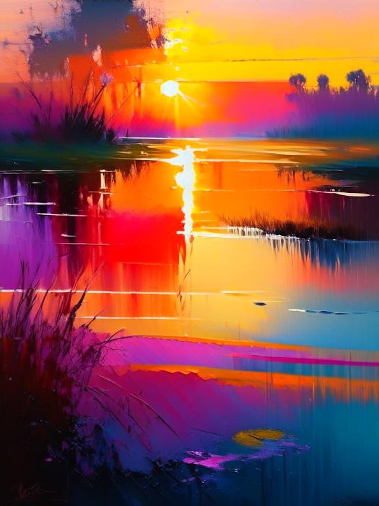 Sunrise Over Pond Waterscape Bright Abstract 1