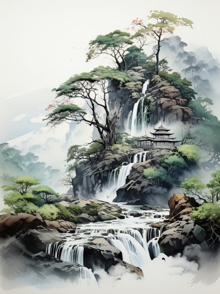 Nachi Falls In Wakayama Nikko In Tochigi, Japanese Brush Painting, Ukiyo E, Minimal 2
