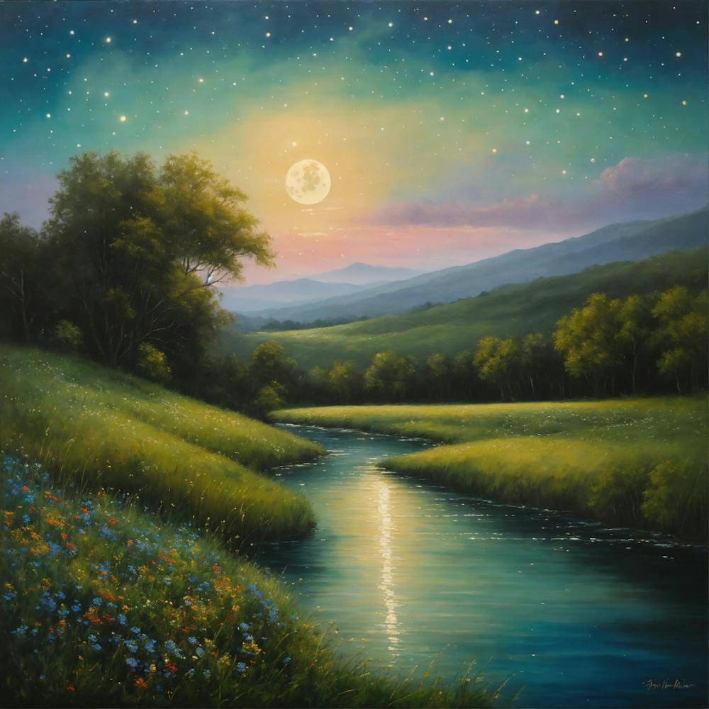 Oil painting picture of a very clear moon with stars, beautiful sky, river, flowers and sand 1
