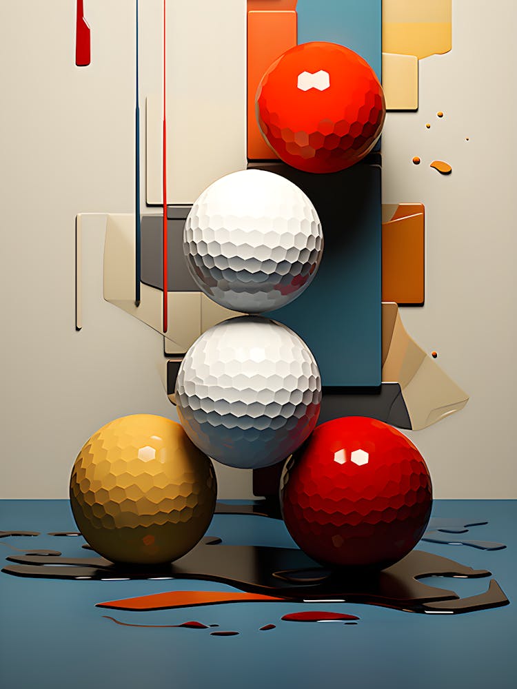 Modern Golf Wall Art – Abstract Geometric Print With Red, White & Gold Balls