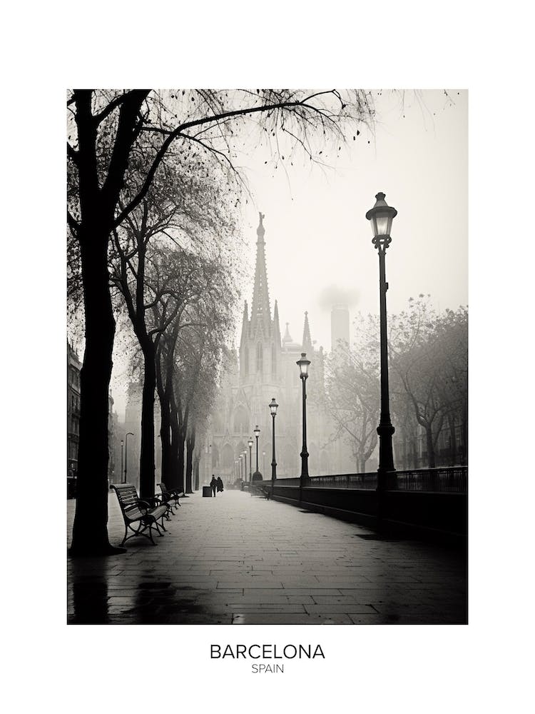 Poster Of Barcelona, Spain, Black And White Analogue Photography 4
