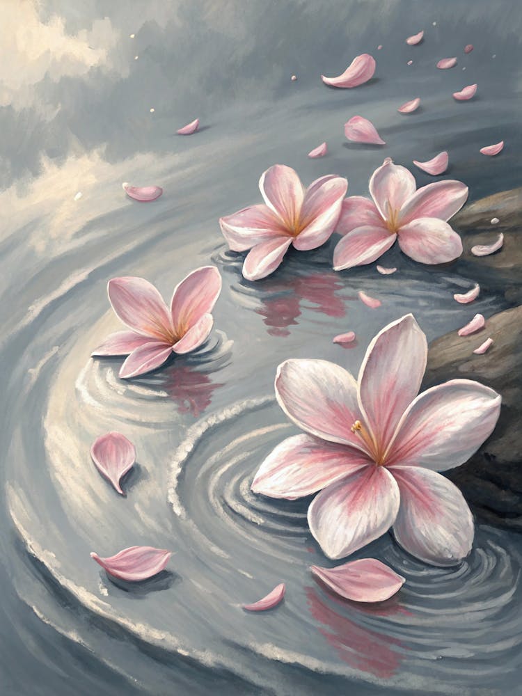 Oil Painting Style Floating Petals On A Tranquil