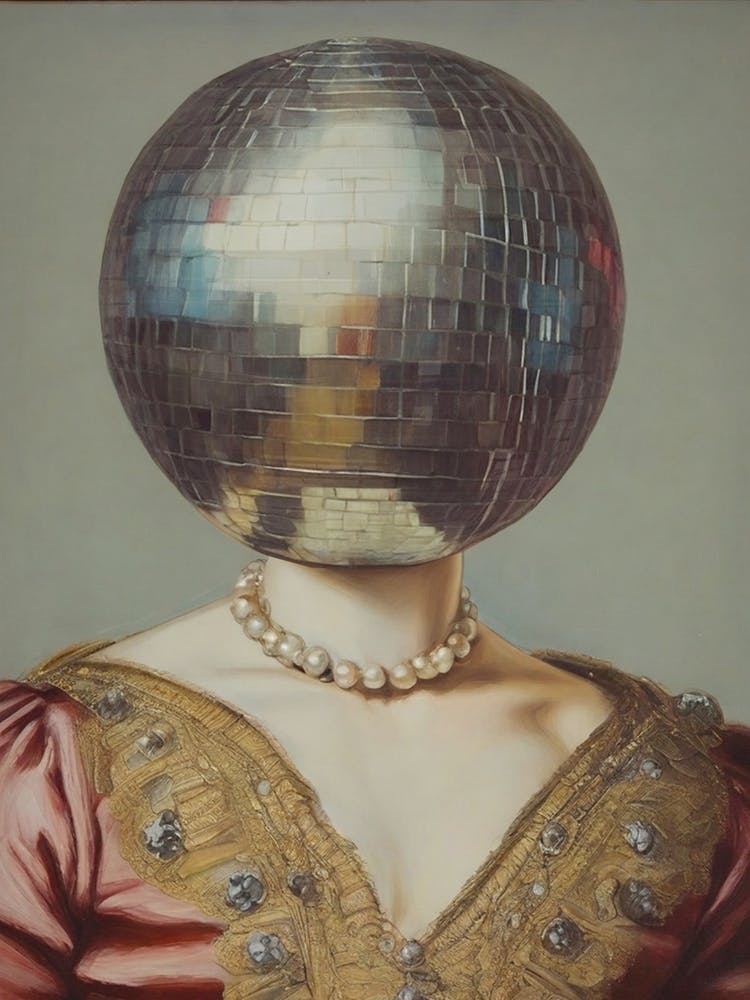 DiscoHead Queen, Disco Ball Maximalist Portrait Of Baroque Woman