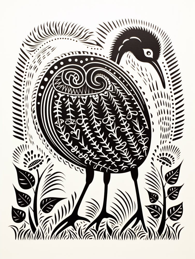 Linogravure d'Oiseau N&B Kiwi 5