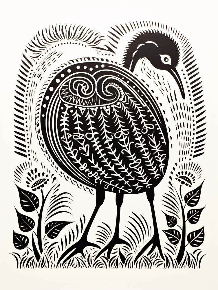 B&W Bird Linocut Kiwi 5