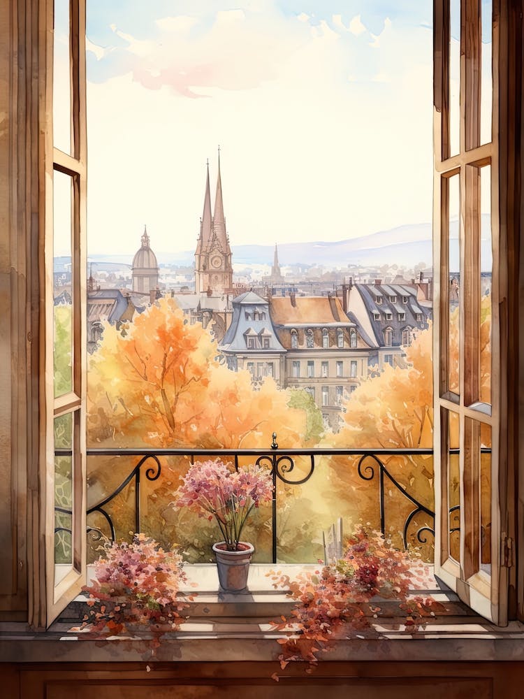 Window View Of Bern Switzerland In Autumn Fall, Watercolour 4