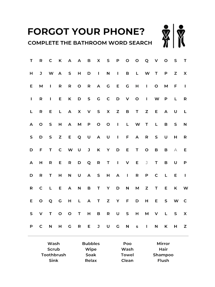 Bathroom Word Search, Forgot Your Phone?