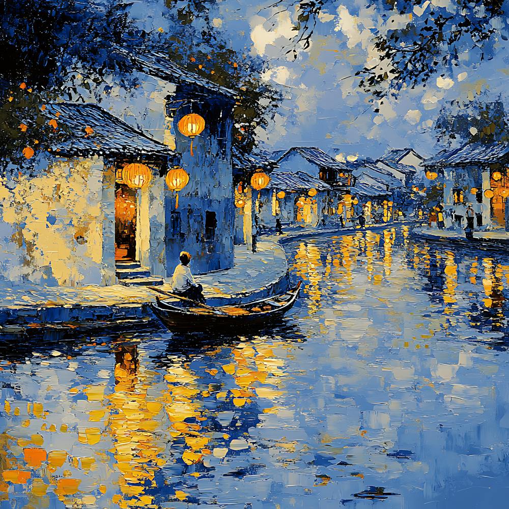 Peaceful Village Waterway Night Scene 8