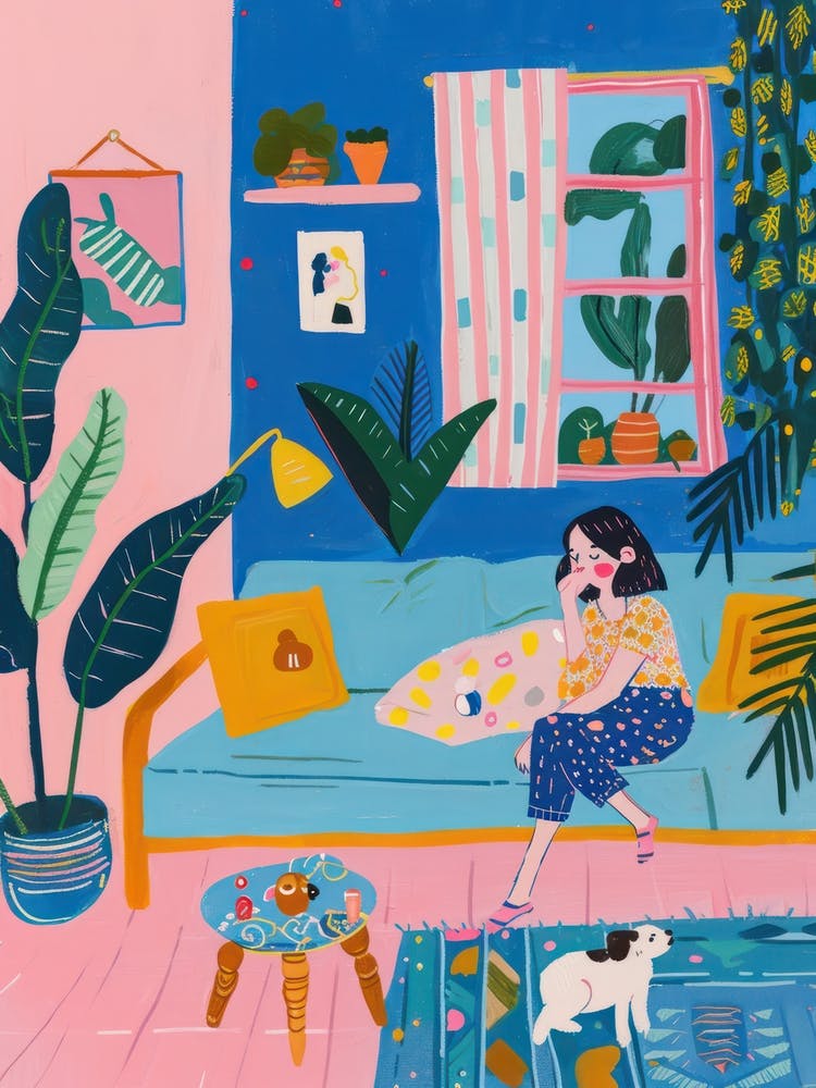 Girl In The Sofa With Pets Tv Lo Fi Kawaii Illustration 3