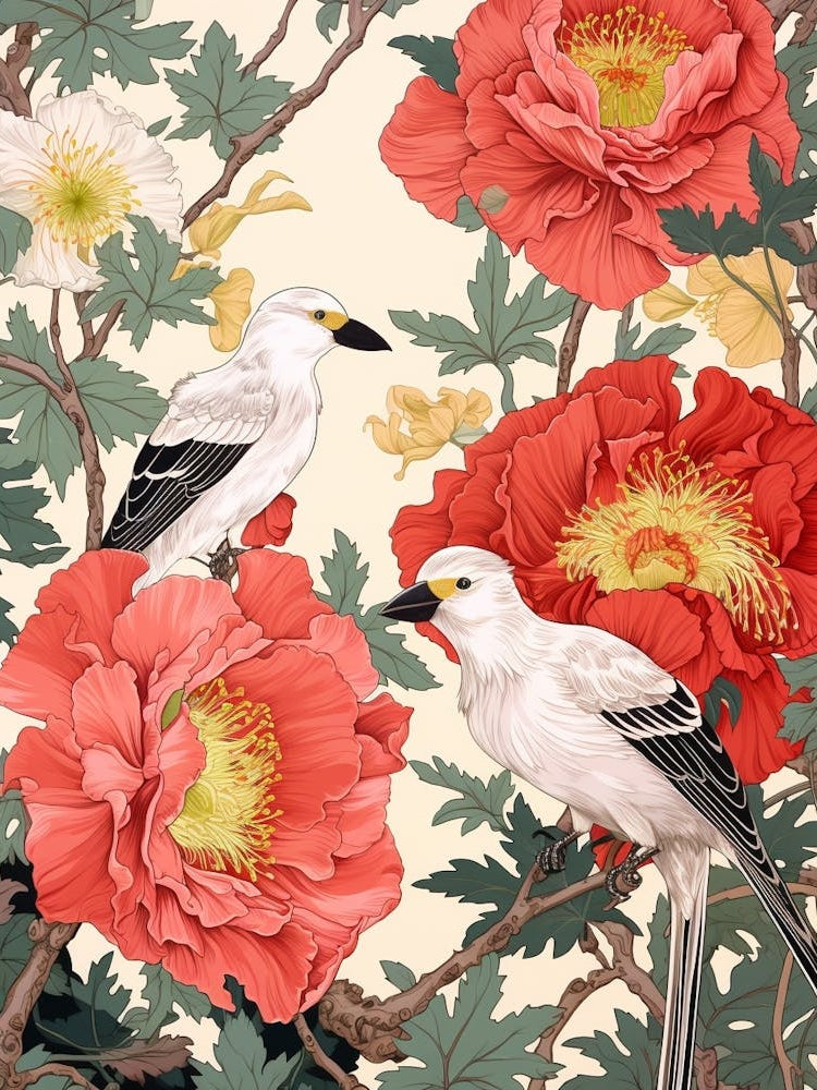 Peony And Birds Vintage Japanese Botanical