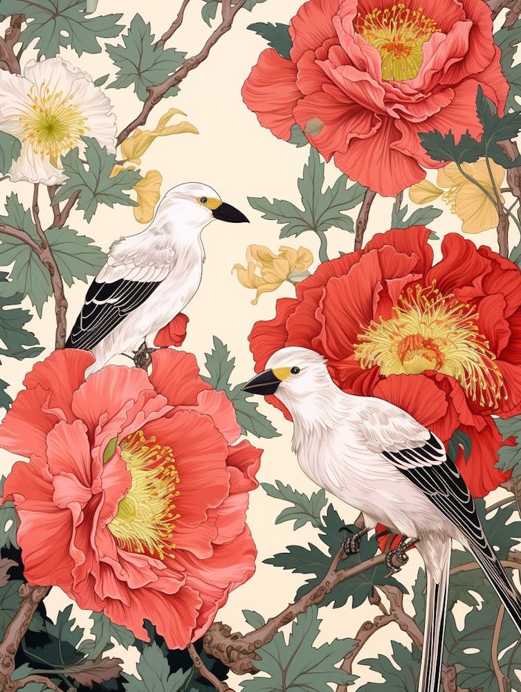 Peony And Birds Vintage Japanese Botanical