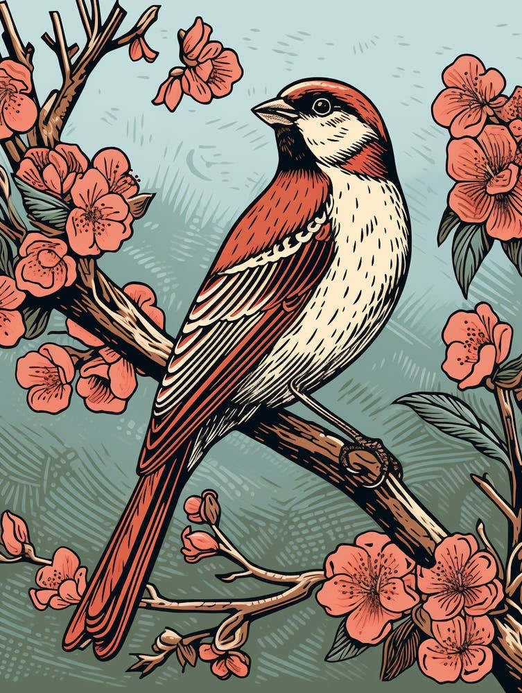 Vintage Bird Linocut Sparrow 4