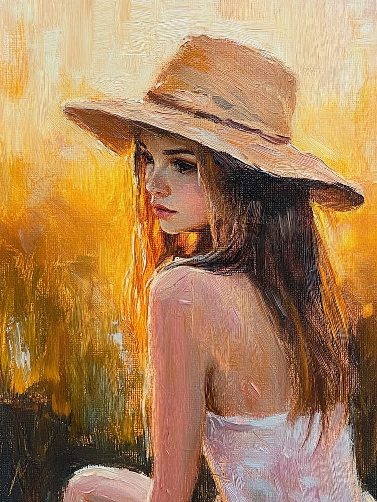 A Woman In A Straw Hat Sits In The Sunset