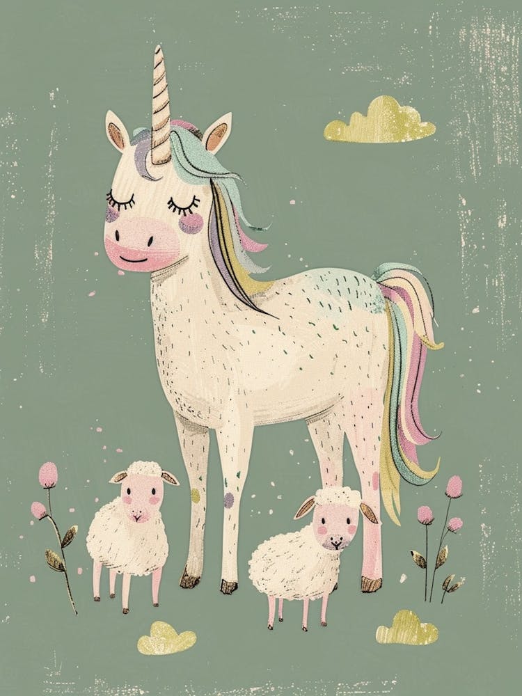 Storybook Style Unicorn With Lamb