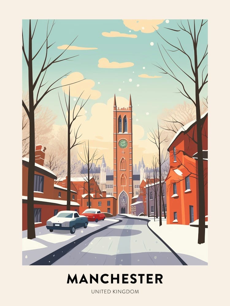 Vintage Winter Travel Poster Manchester United Kingdom 6