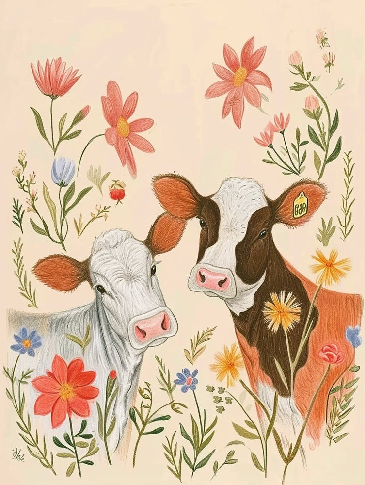 Folkloristische Blumen-Tier-Zeichnung Kuh