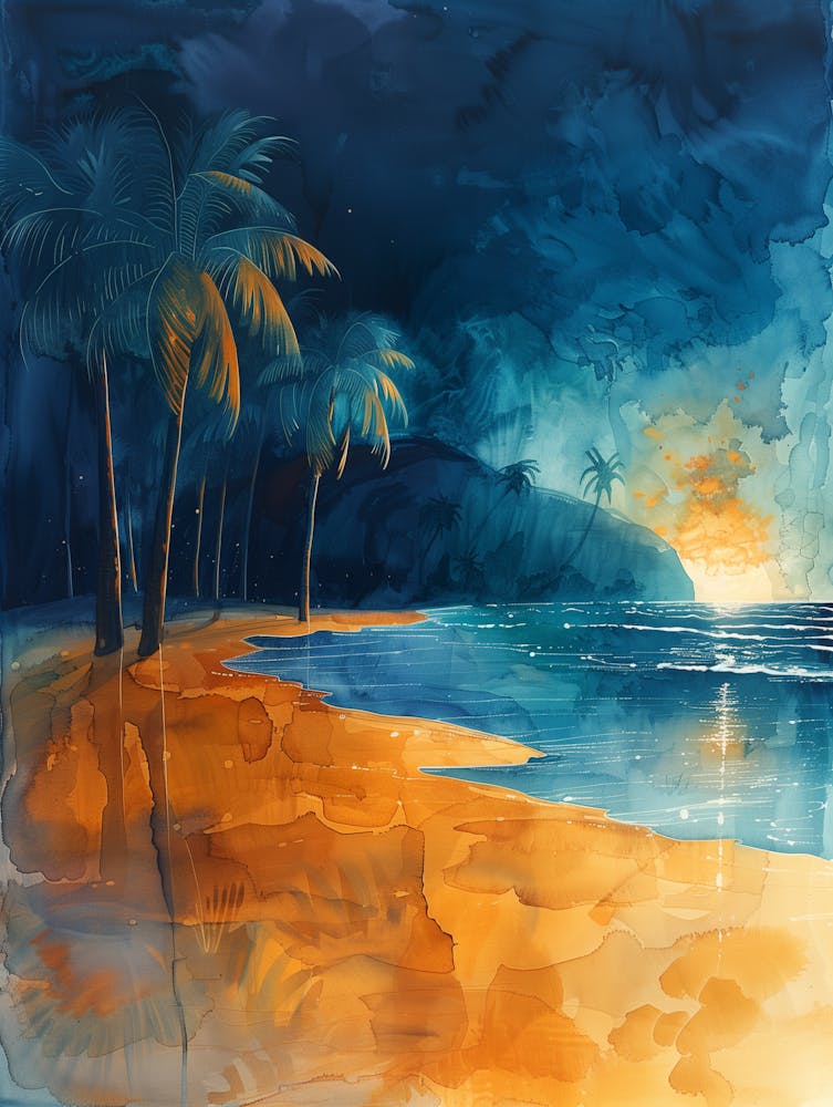 Aquarell Eines Sonnenuntergangs Am Strand