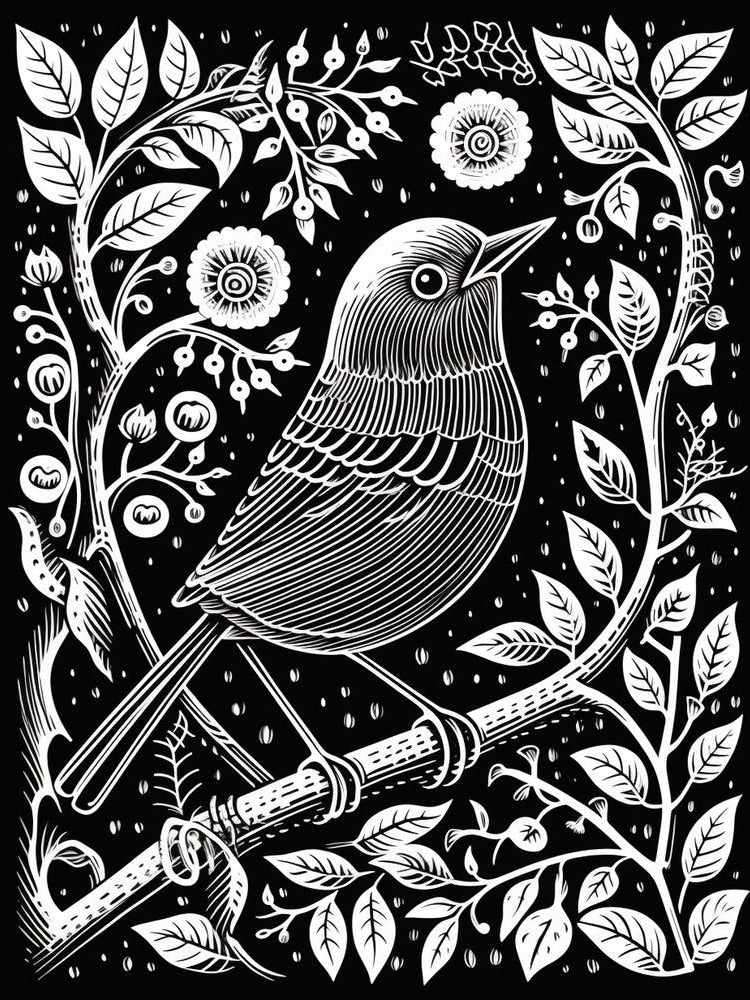 B&W Bird Linocut European Robin 2