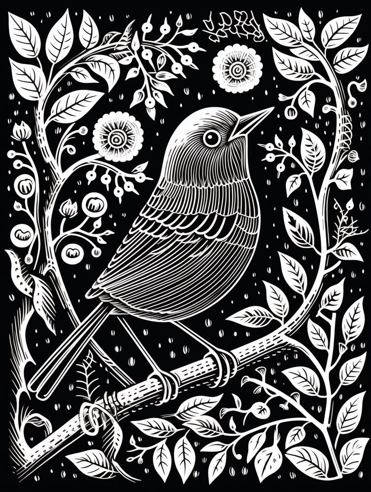 B&W Bird Linocut European Robin 2
