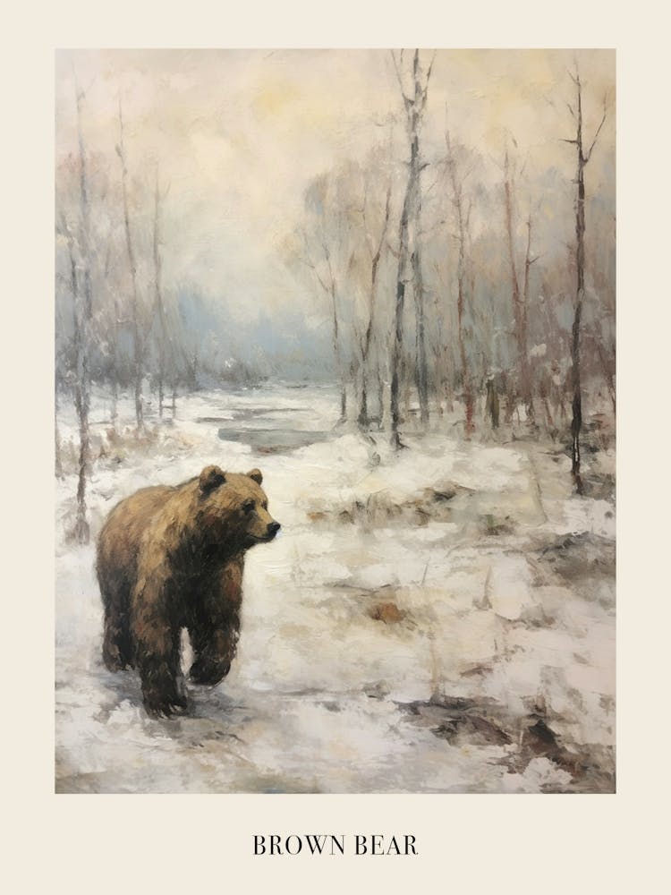Vintage Wintertier Gemälde Poster Brauner Bär 2
