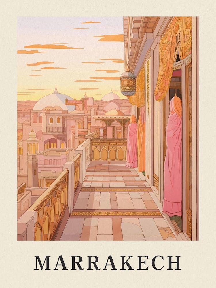 Marrakech Morocco 5 Vintage Pink Travel Illustration Poster