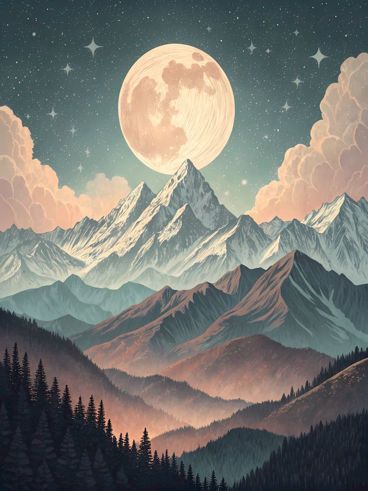 Moon Rising Above Alpine Ridges 70s Muted Palett