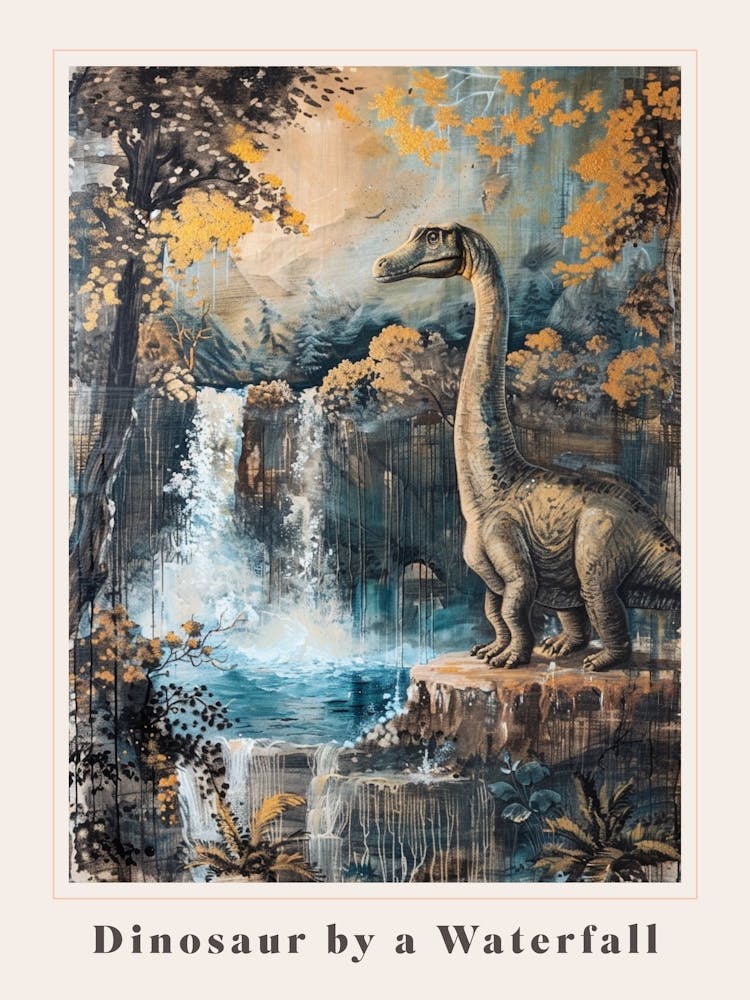 Dinosaur By A Waterfall Painting 1 Poster