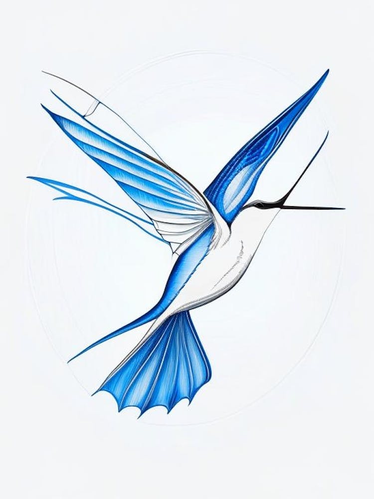 Hummingbird Symbol 1 Blue And White Line Drawing