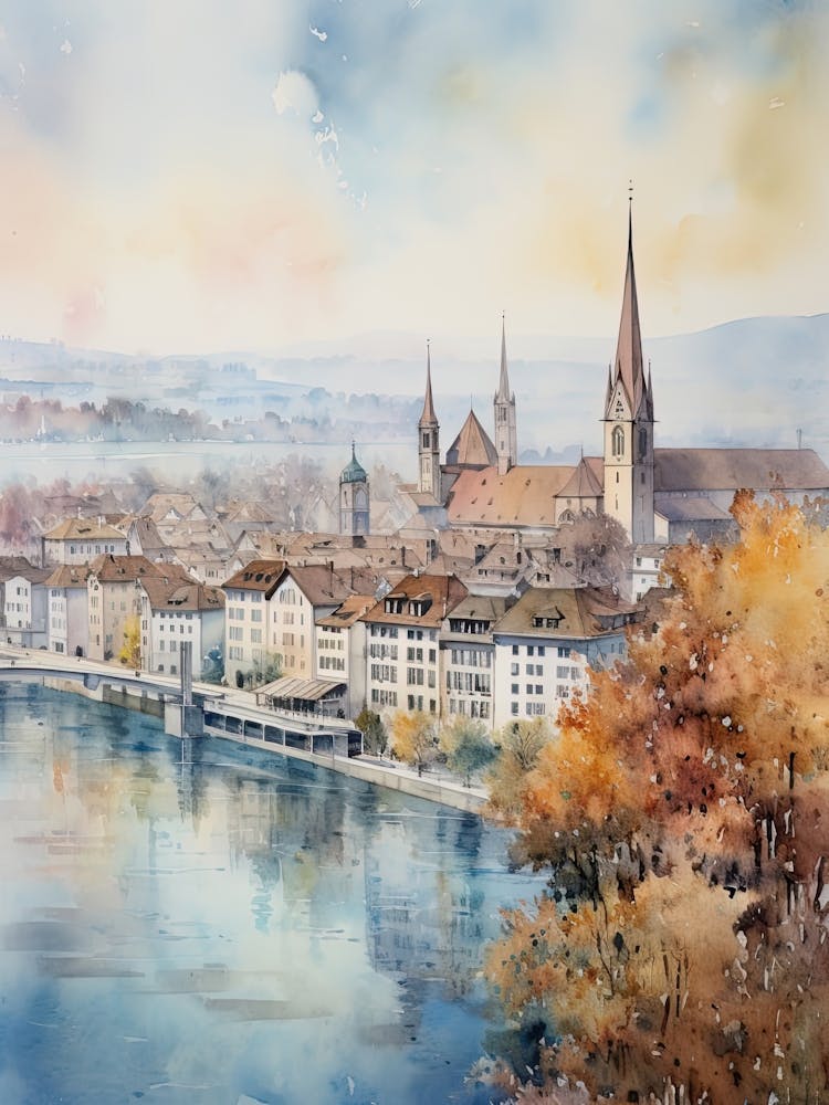 Zurich Switzerland In Autumn Fall, Watercolour 2