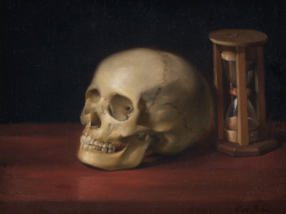 Skull and Hourglass, circa 1814. Painted by Christian Albrecht Jensen | HD Remastered Perfect Reproduction | Gloomy Vintage Skull Gothic Painting