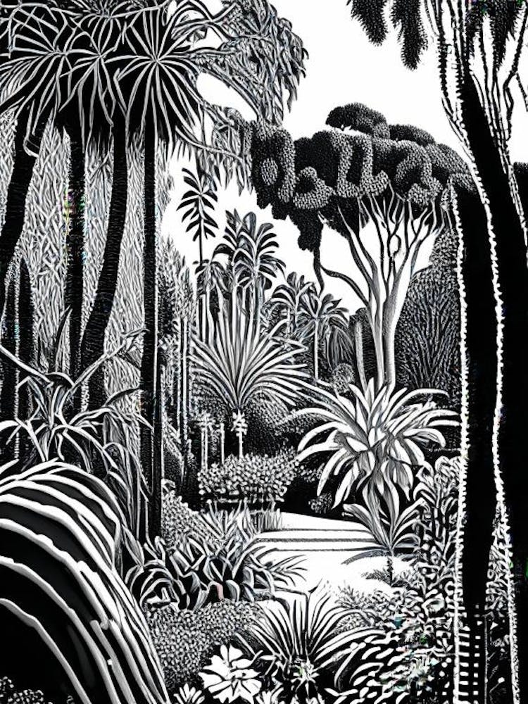 Marrakech Botanical Garden, Morocco Linocut Black And White Vintage