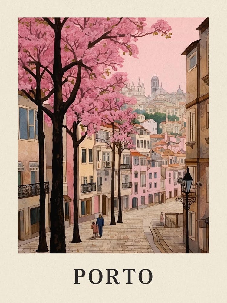 Porto Portugal 4 Vintage Pink Travel Illustration Poster