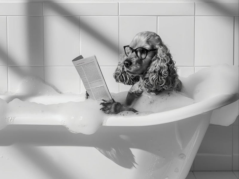 Cocker Spaniel In Bathtub Wall Art, Dog Reading Newspaper In Bubble Bath Poster, Black And White Print, Funny Wall Art, Bathroom Wall Decor