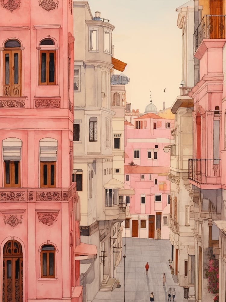 Istanbul Turkey 4 Vintage Pink Travel Illustration