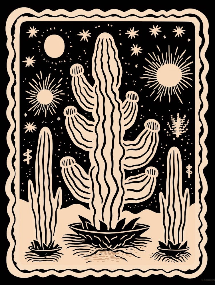 B&W Cactus Illustration Woolly Torch Cactus 2