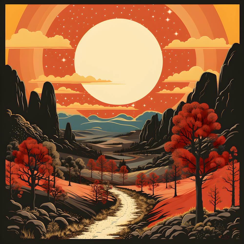 Surreal Sunset Landscape Print – Retro Futuristic Nature Art, Vibrant Red Forest Wall Decor, Cosmic Sun & Stars, Fantasy Mountain Valley Scene