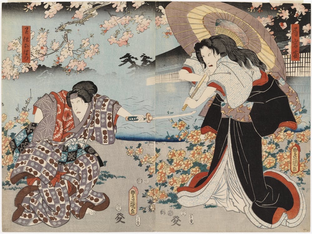 Näyttelijät Ichikawa Danjuro Viii Ja Ichikawa Kodanji Iv Näytelmässä Kagamiyama Kokyo No Nishikie (Vanha