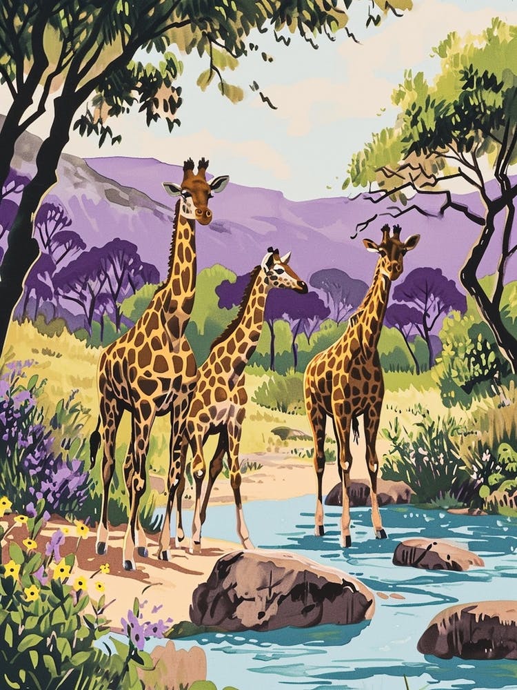 Girafes Dans La Rivière Inspiration Aquarelle 2