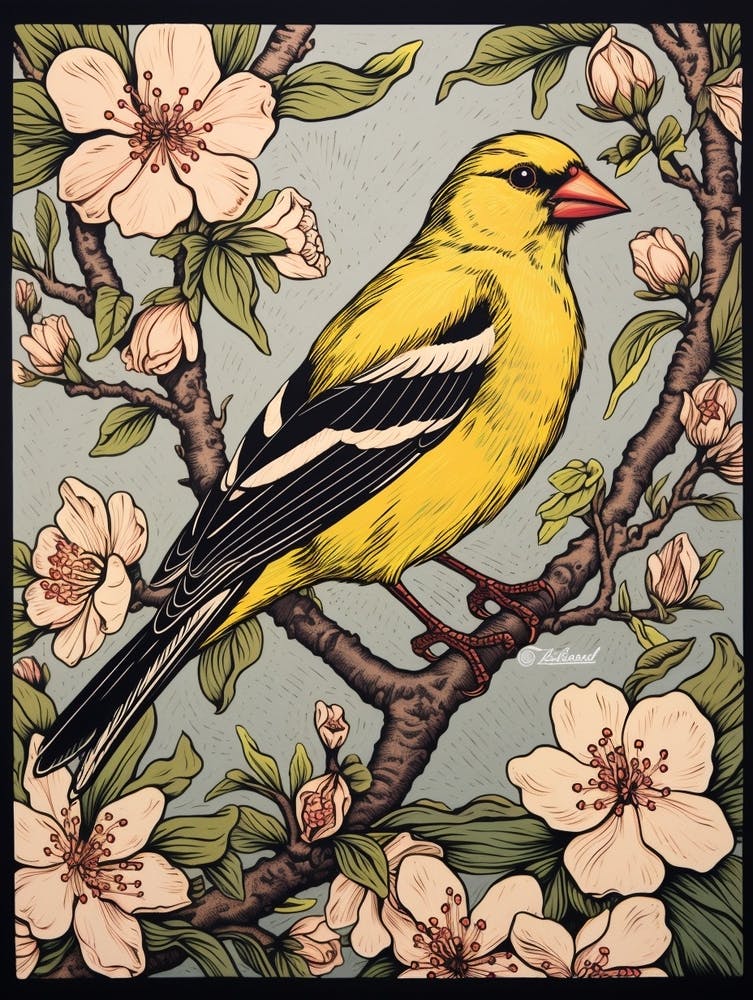 Vintage Bird Linocut American Goldfinch 2