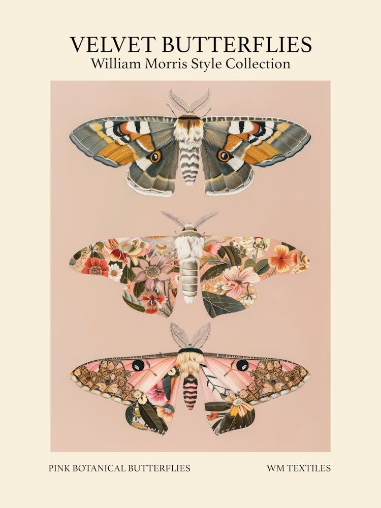 Velvet Butterflies Collection Pink Botanical Butterflies William Morris Style 10