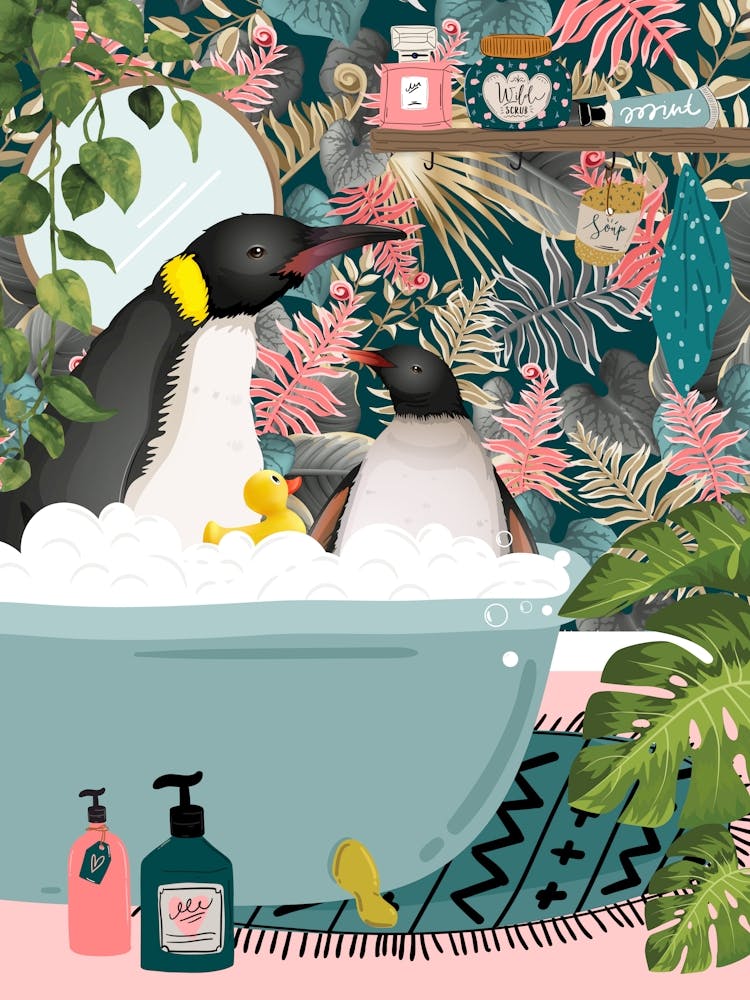 Penguin In Blue Bathtub