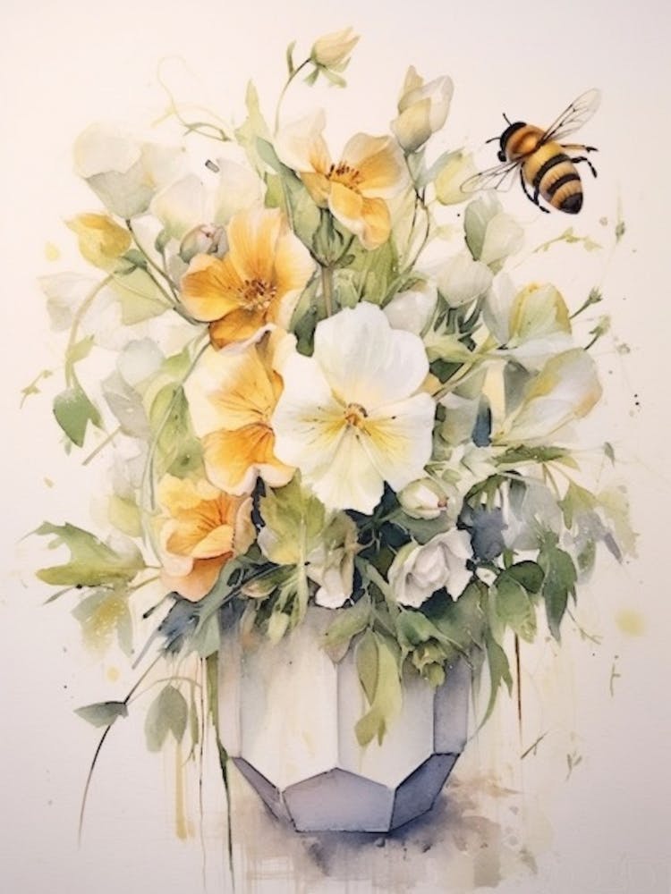 Beehive With Lisianthus Watercolour Illustration 4