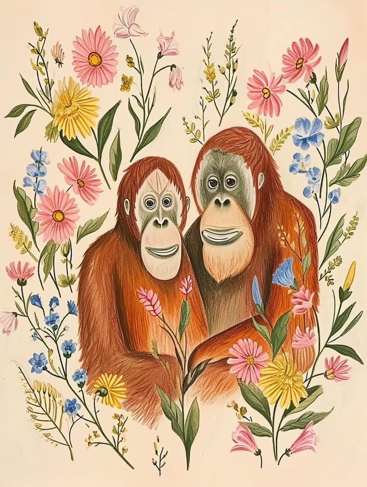 Folksy Floral Animal Drawing Orangutan 4